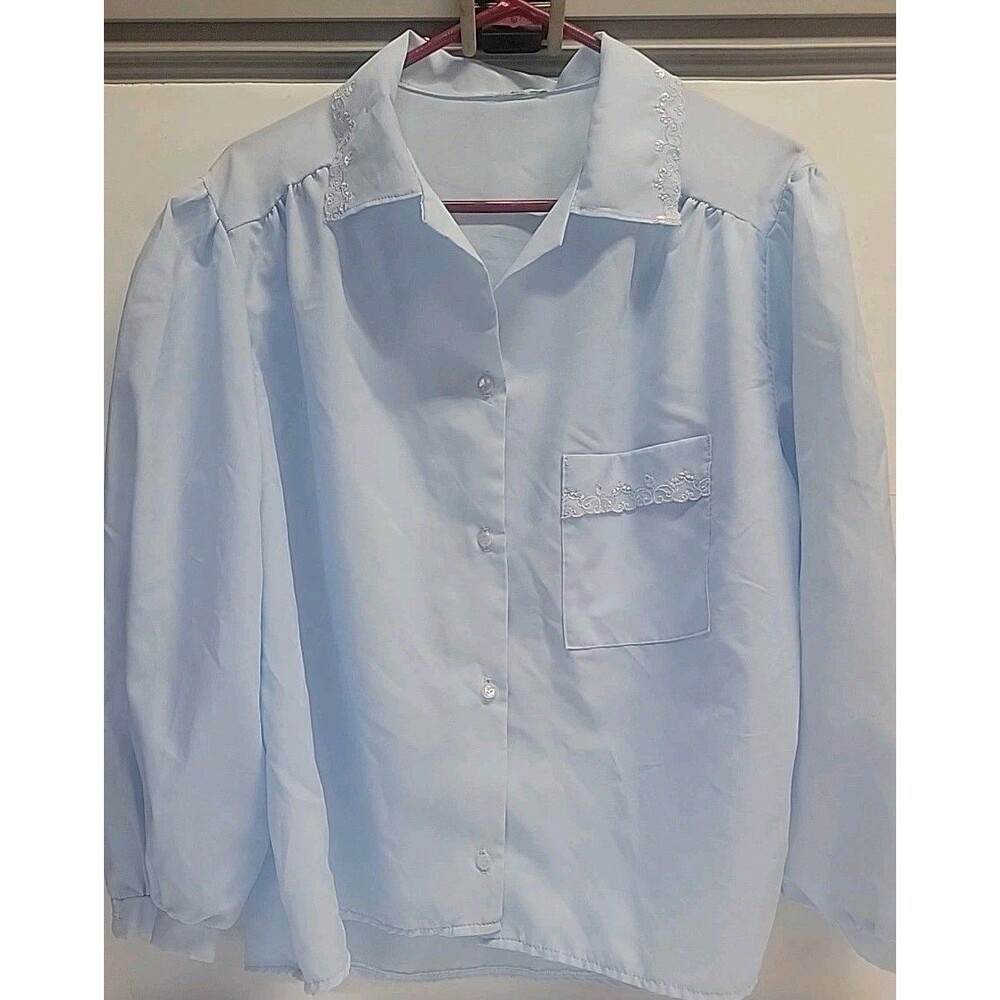 Vtg 80s Secretary Blouse‎ Blue Office Sheer Floral Collar Pocket Sz XL